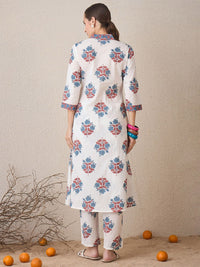 Indo Era Floral Printed V-Neck Cotton A-Line Kurta With Trousers