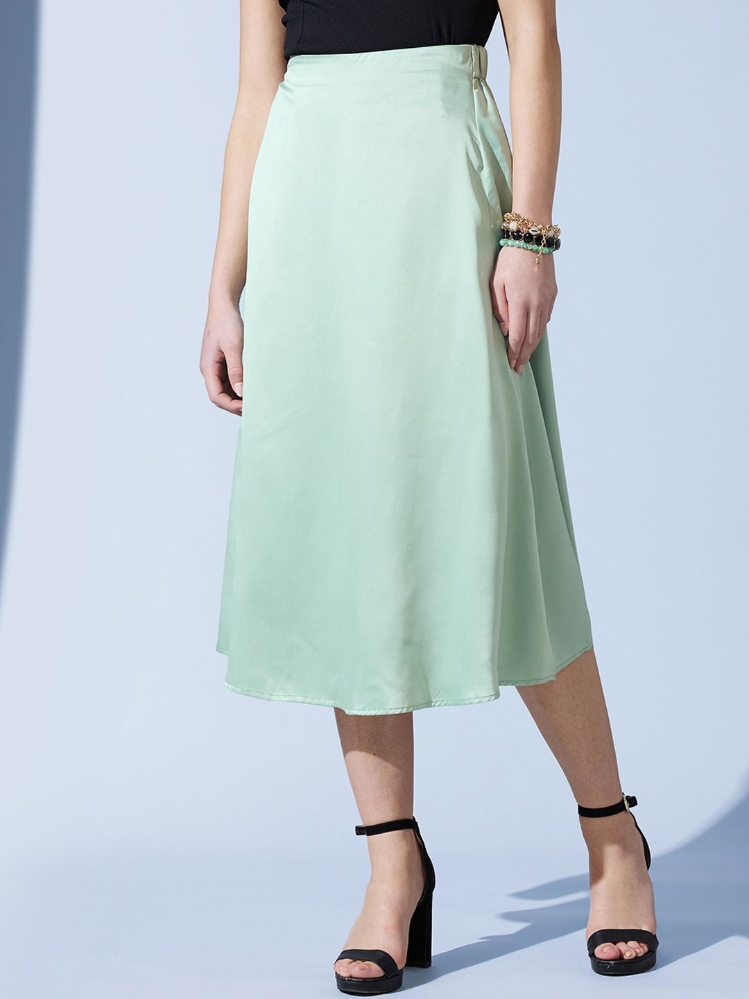 STREET 9 Sea Green Satin A-Line Midi Skirt
