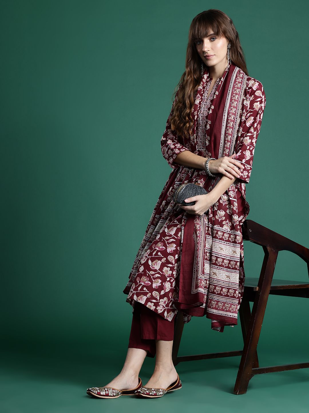 Indo Era Floral Printed Pure Cotton Kurta With Trousers & Dupatta