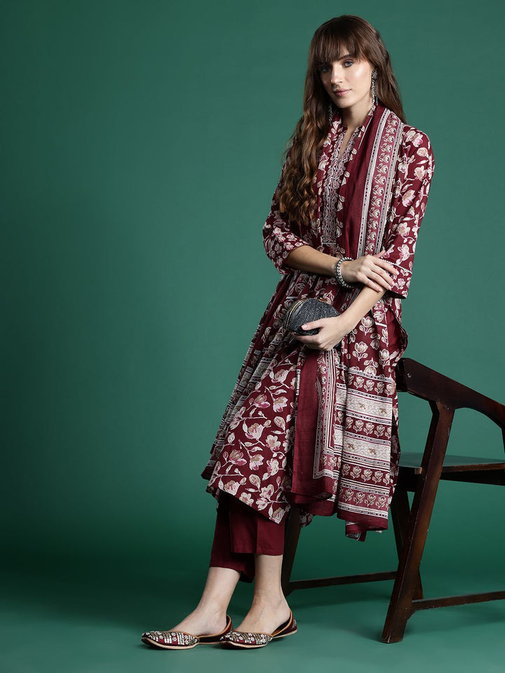 Indo Era Floral Printed Pure Cotton Kurta With Trousers & Dupatta