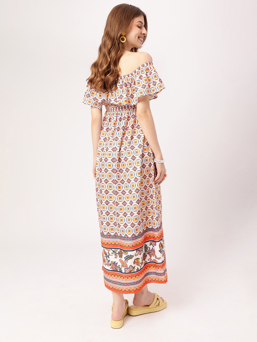Boho Fetish Vibe Off Shoulder Smocked Midi Dress