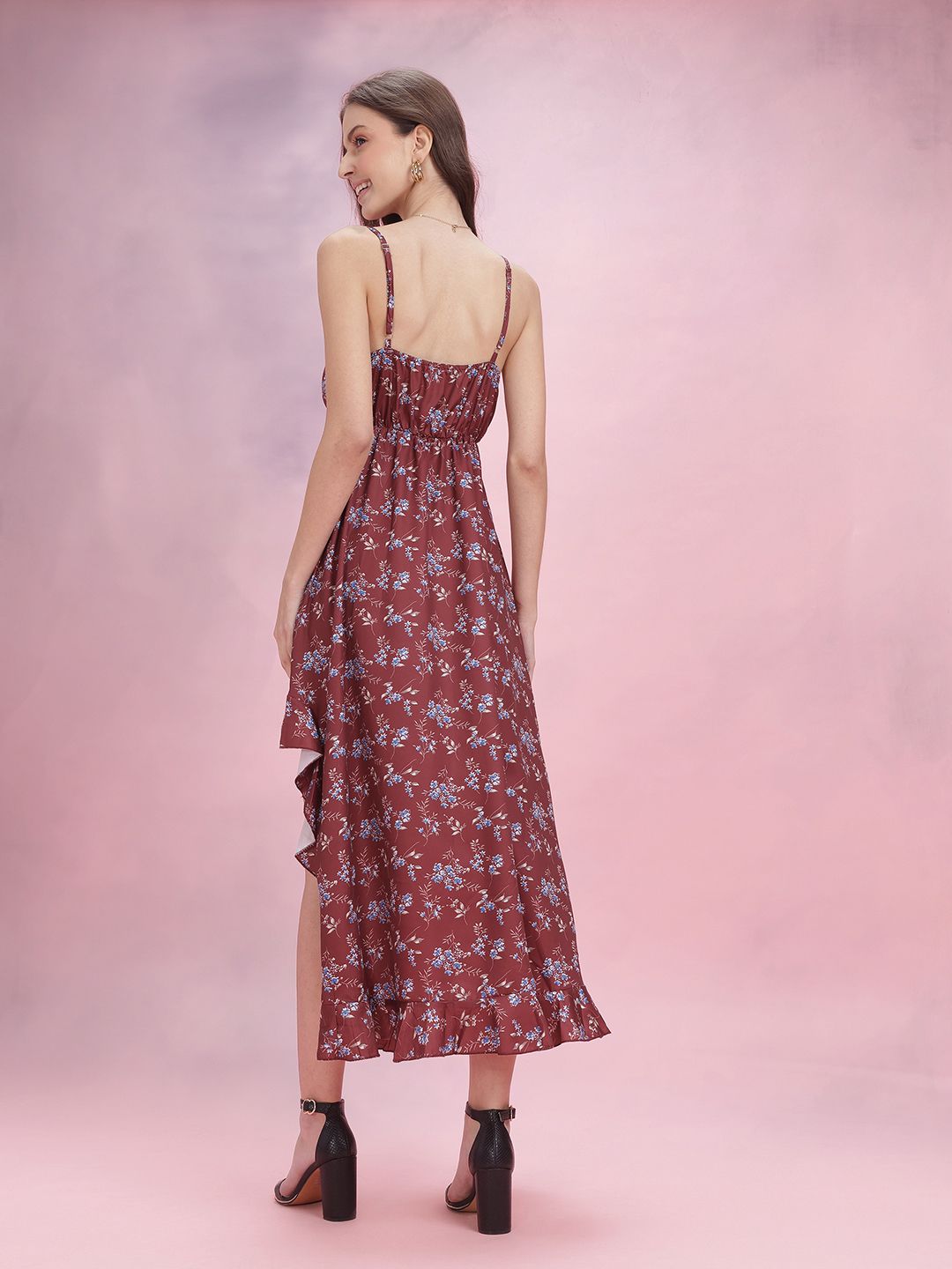 DressBerry Ruffled Floral Print Fit & Flare Midi Dress – Myntra