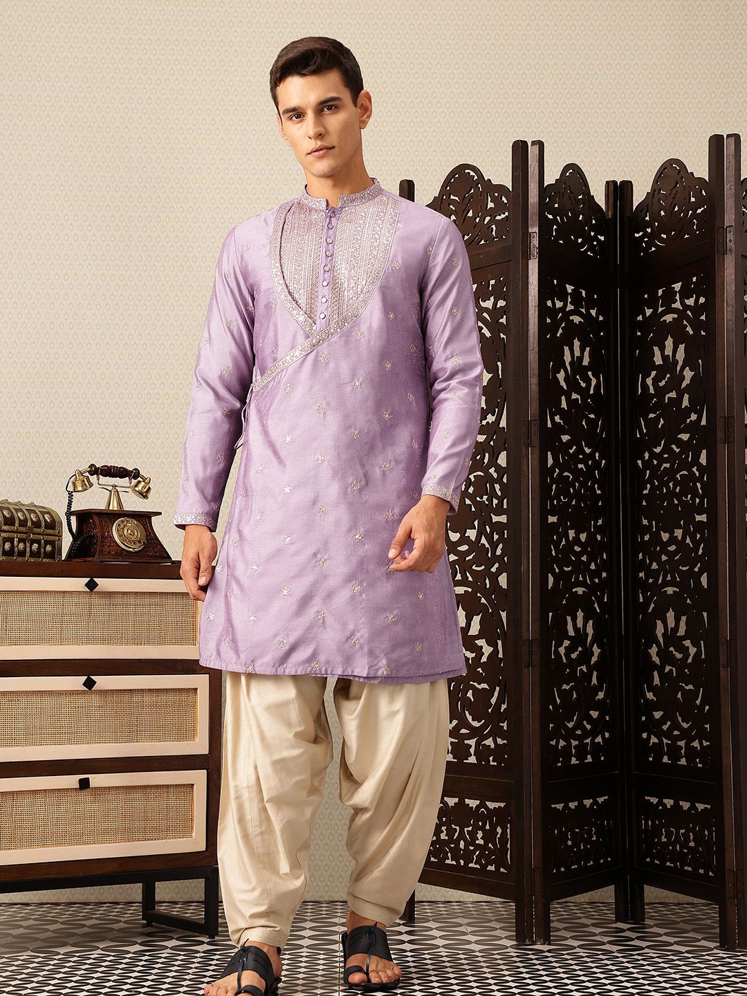 House of Pataudi  Floral Yoke Design Angrakha Sequinned Jashn Kurta with Salwar