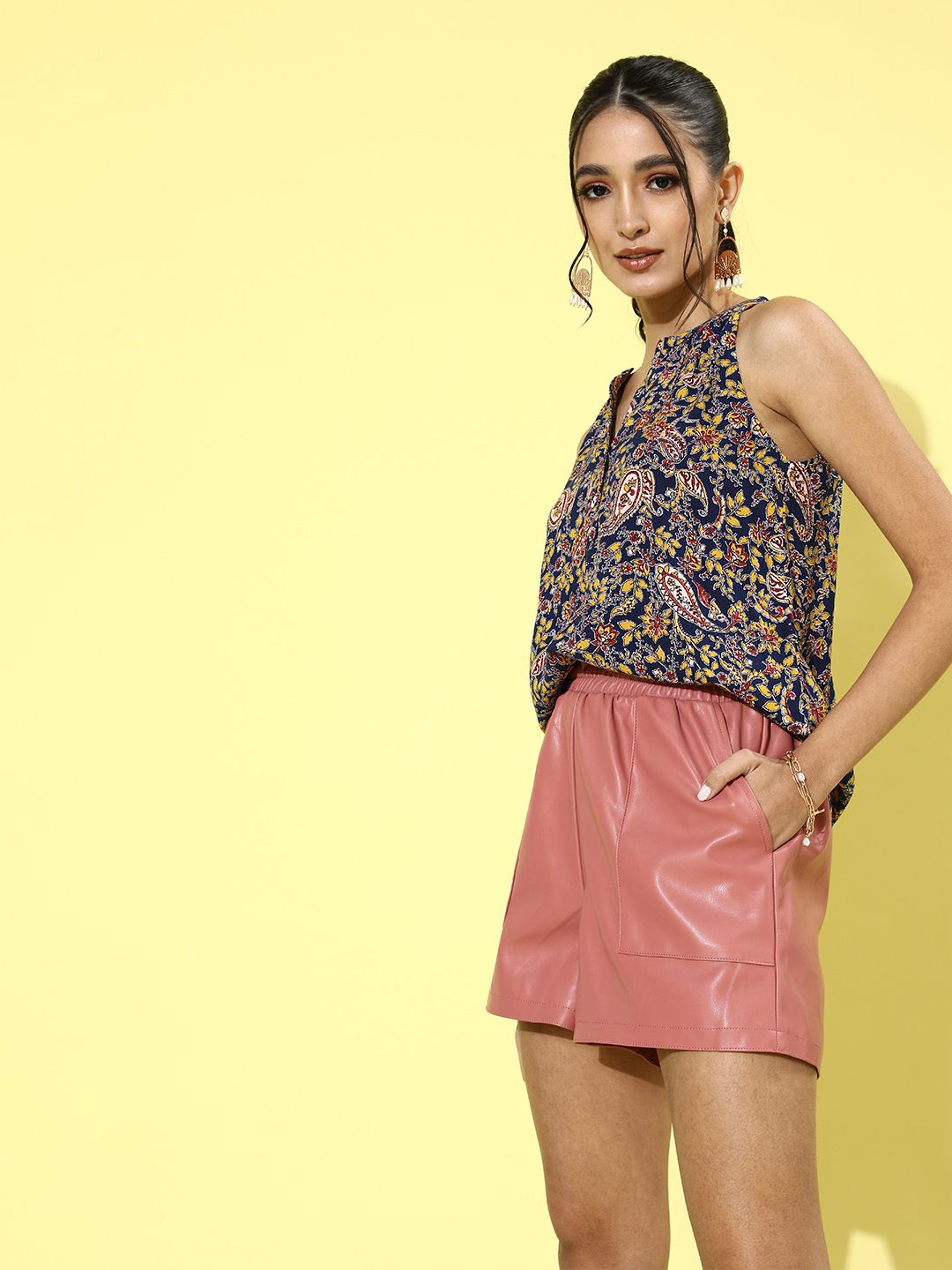 DressBerry Women Deep Navy Blue Floral Paisley Top