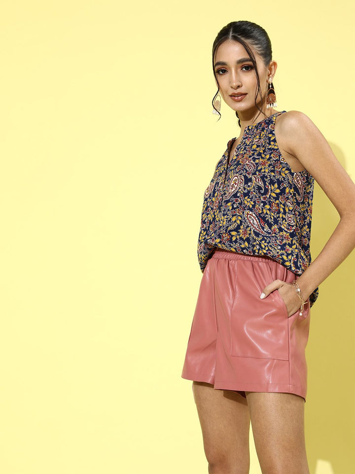 DressBerry Women Deep Navy Blue Floral Paisley Top