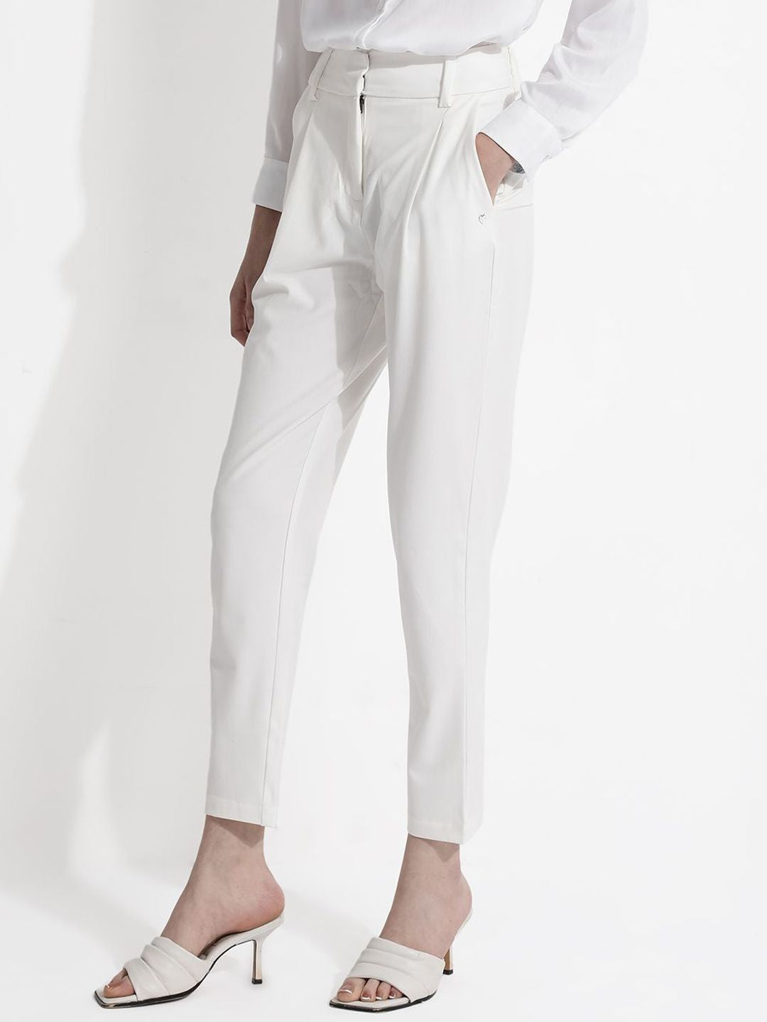 RAREISM Women Comfort Tapered Fit High-Rise Pleated Cotton Peg Formal Trousers