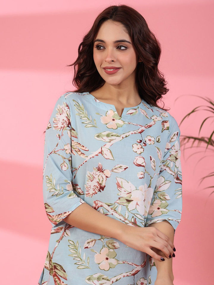 SANSKRUTIHOMES Floral Printed Notched Neck Pure Cotton Kurti With Pyjamas