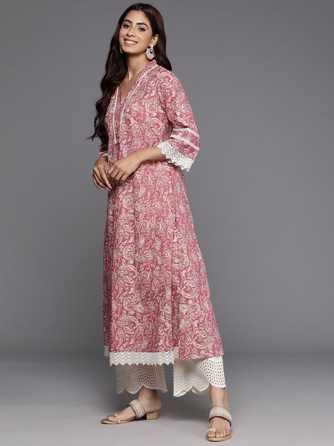 Varanga Peach Jaipuri Printed V Neck A line Pure Cotton Kurta