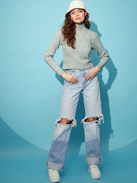STREET 9 Grey Cable Knit Self Design Turtle Neck Acrylic Crop Pullover Sweater