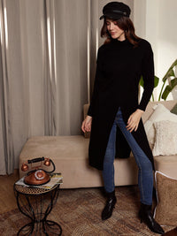 Berrylush Ribbed Turtle Neck Drop Shoulder Split Hem Longline Pullover Sweater
