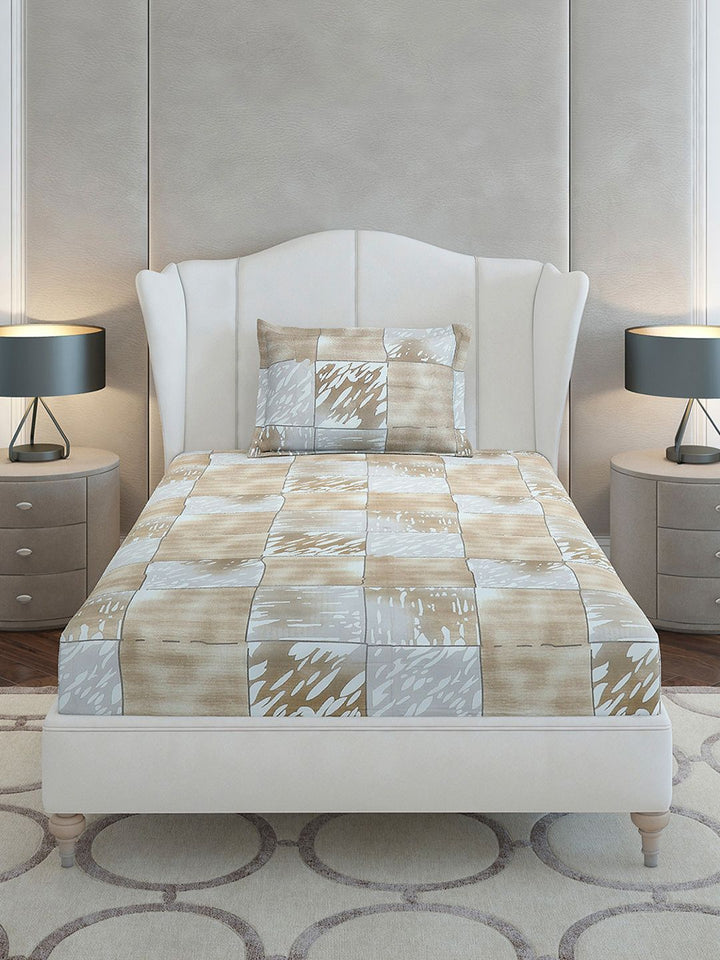 Monte Carlo Beige &amp; Grey Geometric Printed Cotton 104 TC Single Cadar Set-2.24mx 1.52m