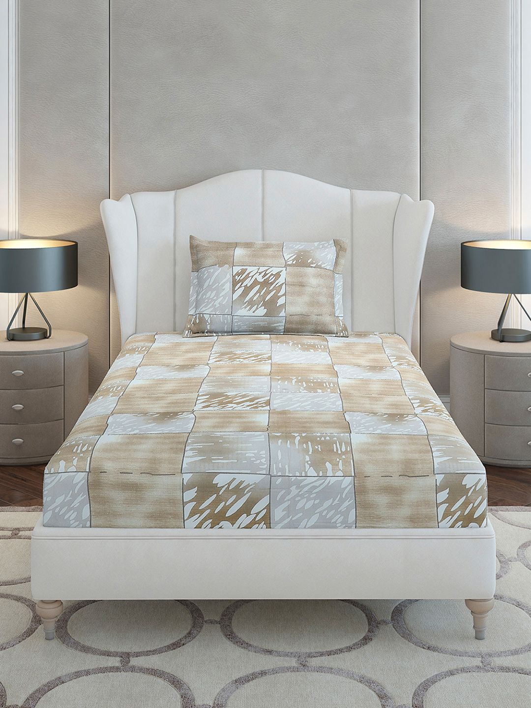 Monte Carlo Beige &amp; Grey Geometric Printed Cotton 104 TC Single Cadar Set-2.24mx 1.52m
