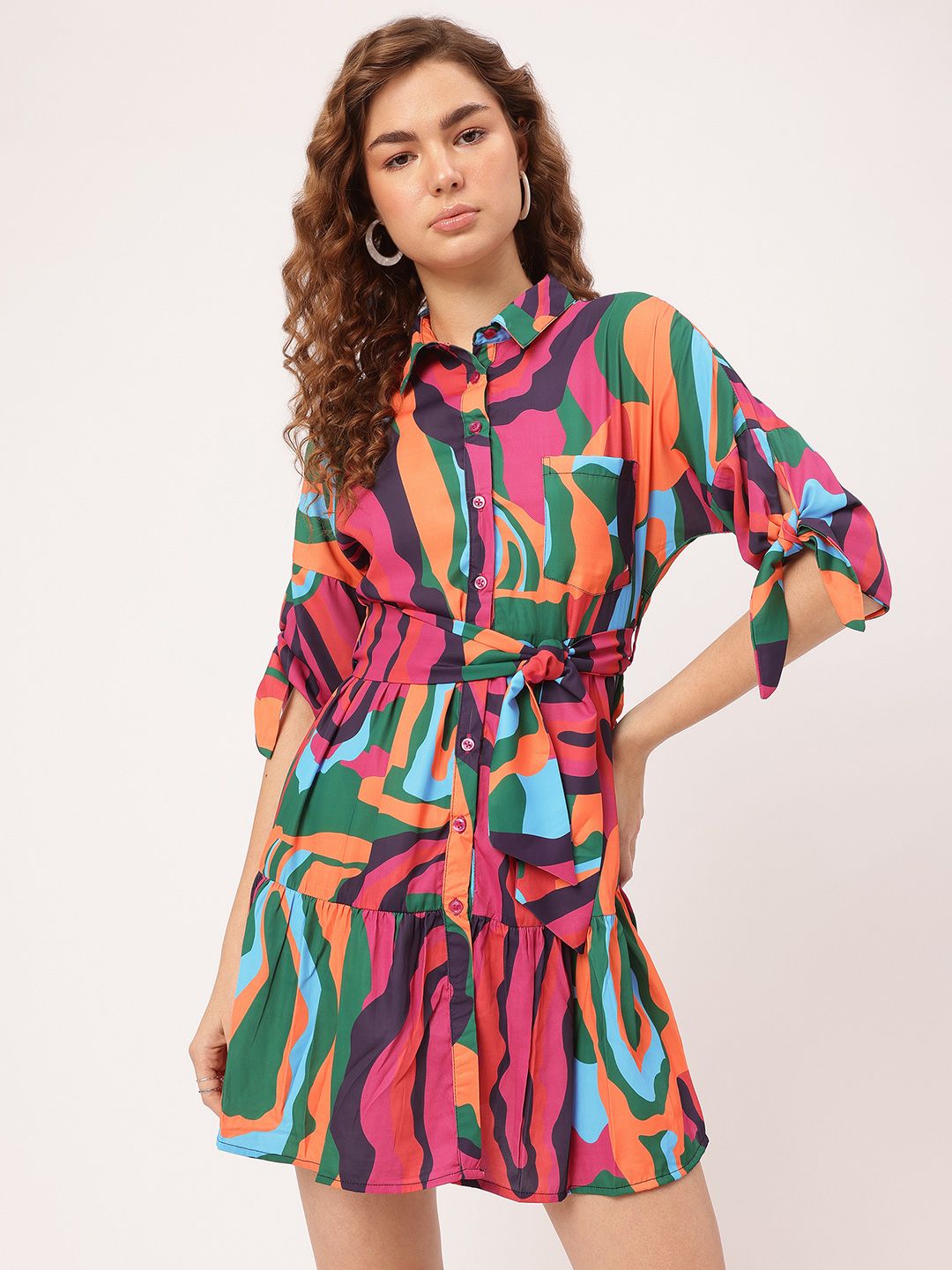 DressBerry Knotty & Nice Color Splashed Tie-Up Tiered Mini Dress
