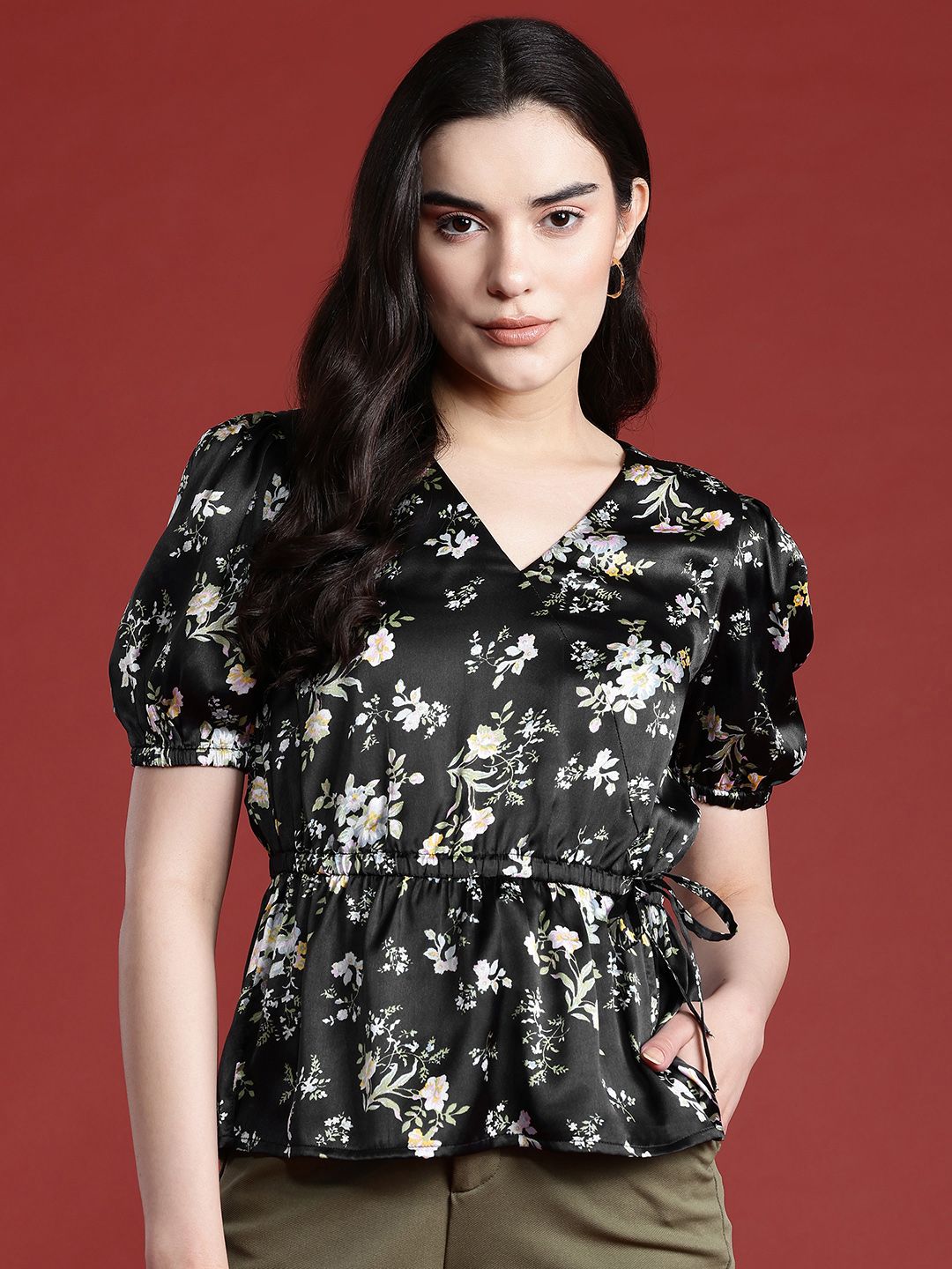 all about you Floral Print Cinched Waist Satin Finish Top