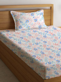 KLOTTHE White Floral Polycotton 300 TC Fitted Single Fine Bedsheet with a Pillow Cover-87 x 59 inches