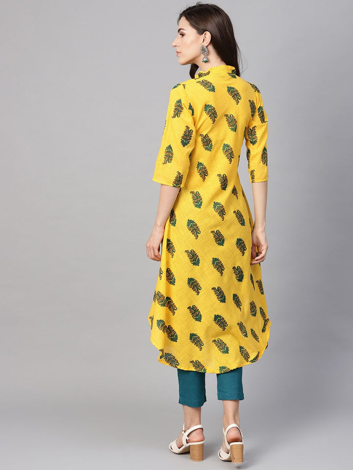 SOJANYA Kurta Bercetak A-Line Wanita Kuning & Hijau