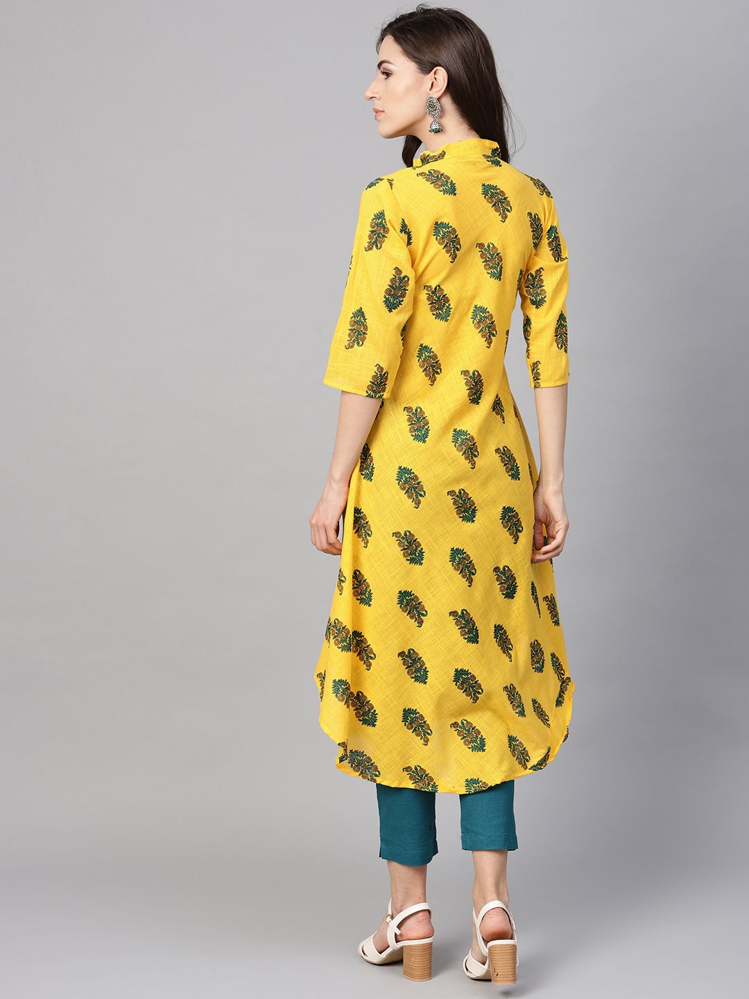 SOJANYA Kurta Bercetak A-Line Wanita Kuning & Hijau