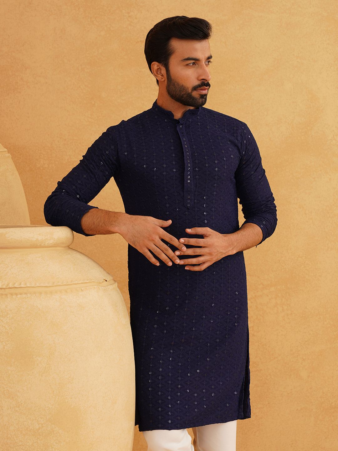 SOJANYA Ethnic Motifs Embroidered Sequinned Pure Cotton Kurta with Churidar
