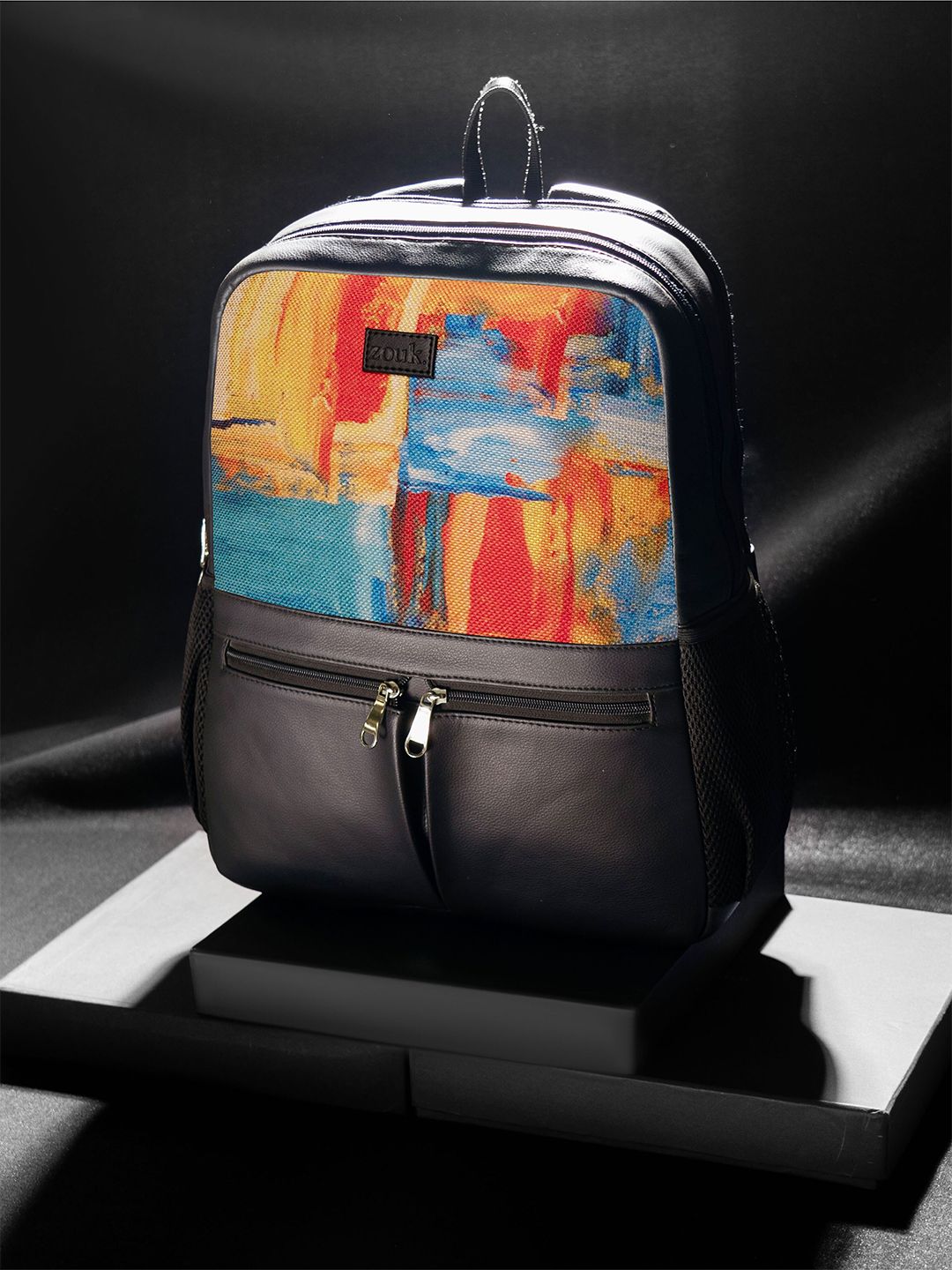 ZOUK Women Abstract Printed Vegan Leather Backpack With Compression Straps-Up to 16 inch