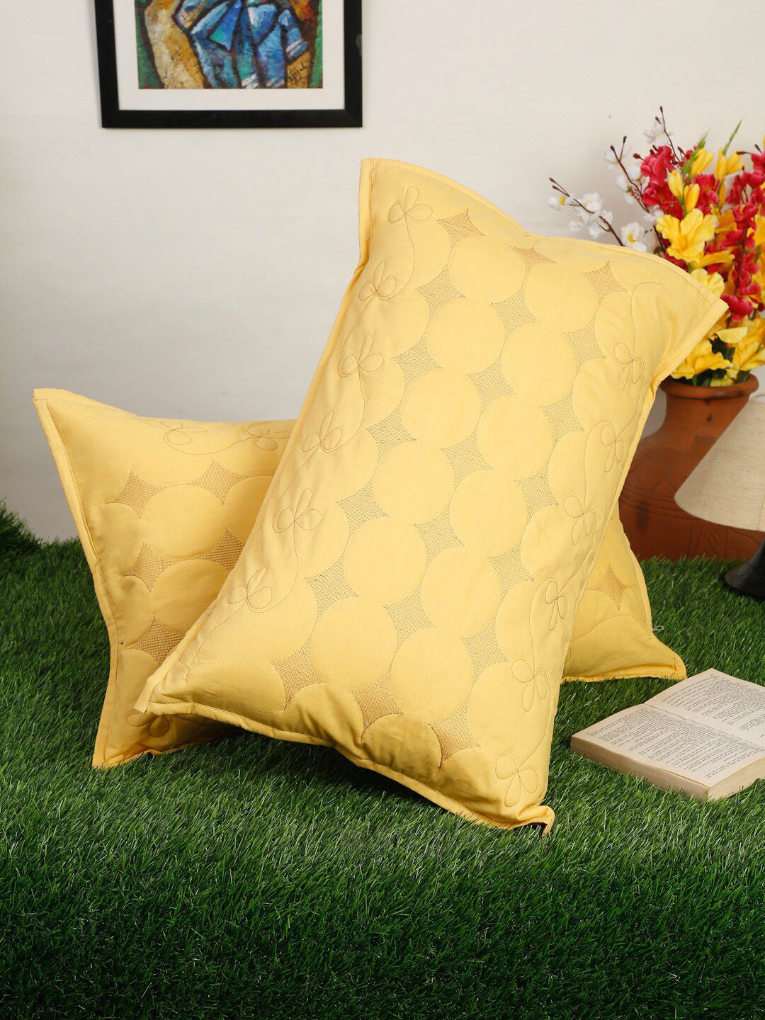 HOSTA HOMES Set of 2 Yellow Embroidered Pure Cotton Pillow Covers