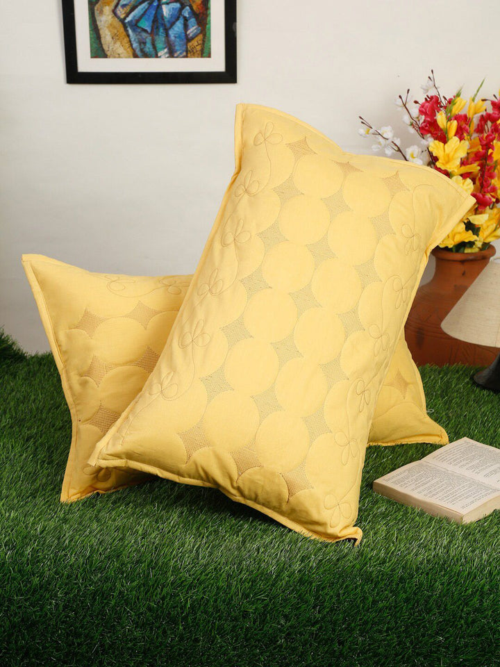 HOSTA HOMES Set of 2 Yellow Embroidered Pure Cotton Pillow Covers