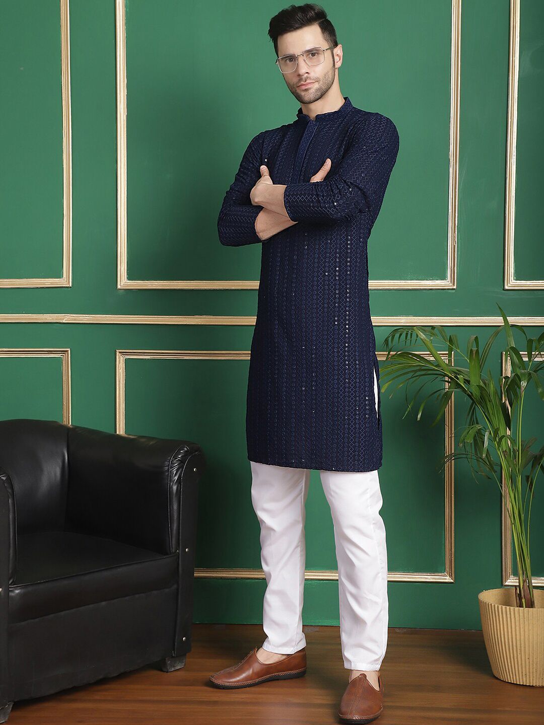Anouk Navy Blue Geometric Embroidered Sequinned Kurta with Pyjamas