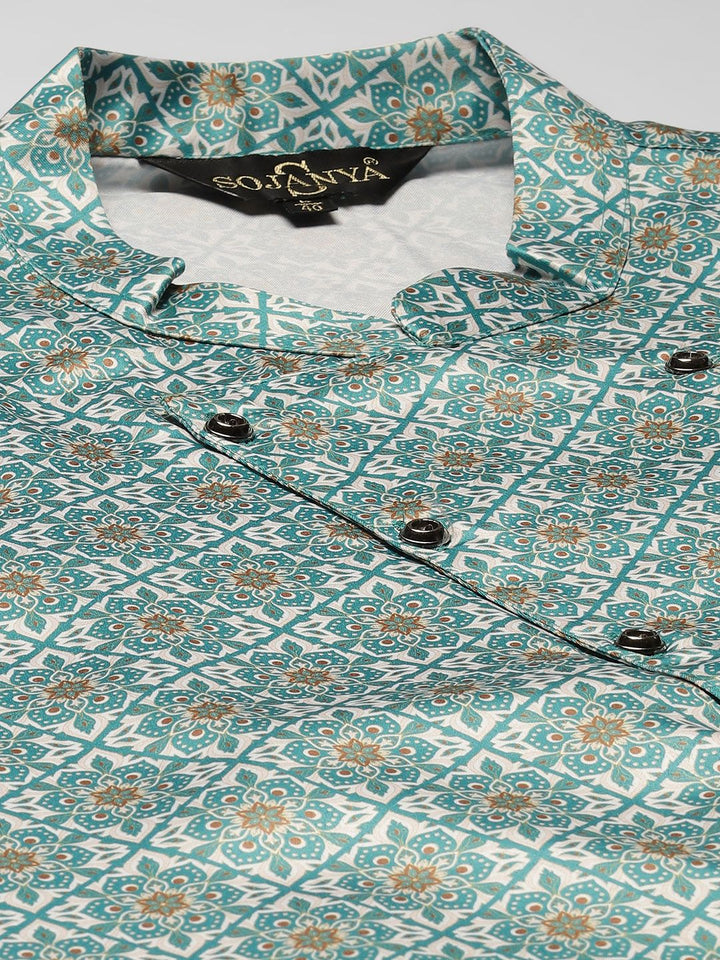 SOJANYA Men Off White Solid Kurta with Churidar & Ethnic Jacket