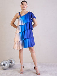 Antheaa Women Tie and Dye Dyed One Shoulder Layered Satin Above Knee A-Line Dress