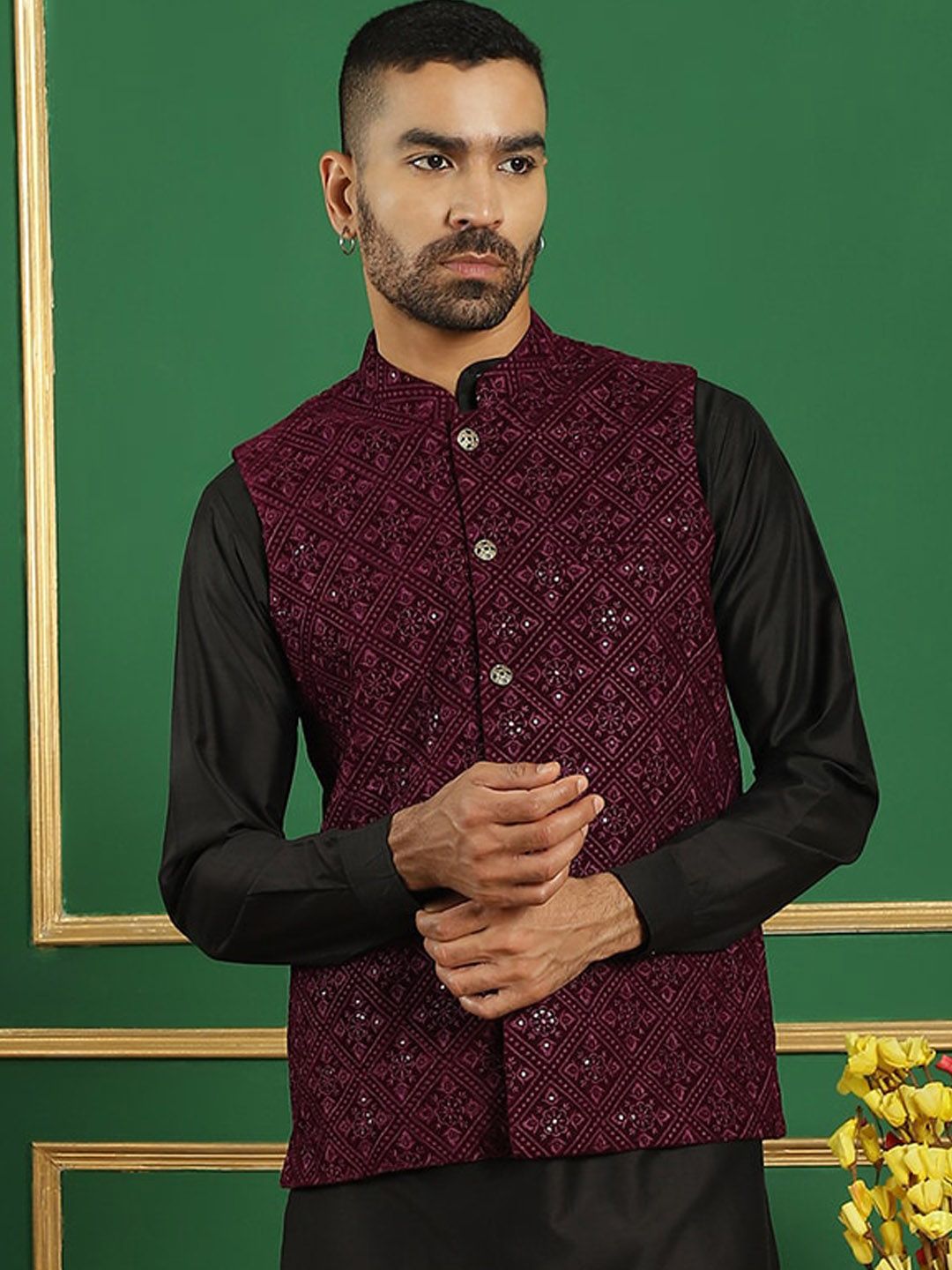 Jompers Embroidered Mandarin Collar Nehru Jackets