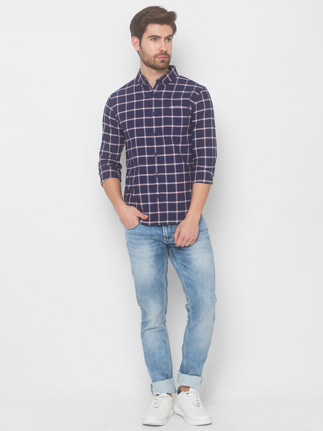 SPYKAR Men Blue Grid Tattersall Checks Checked Casual Shirt