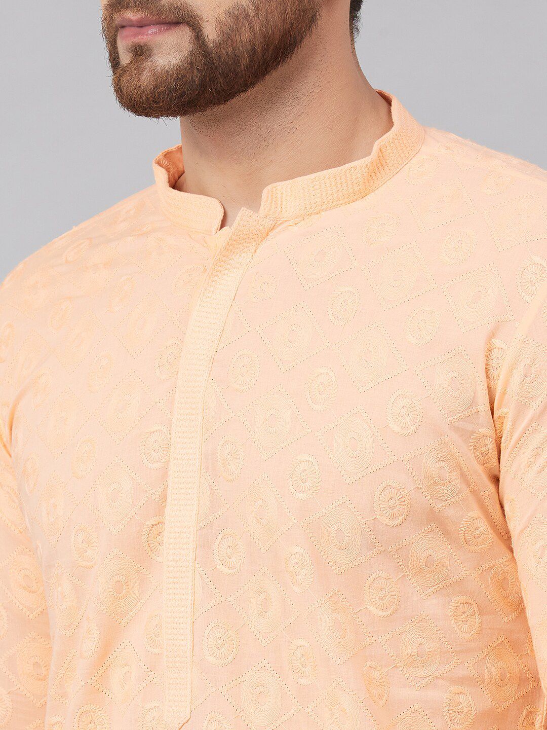 See Designs Men Peach-Coloured Thread Work Kurta