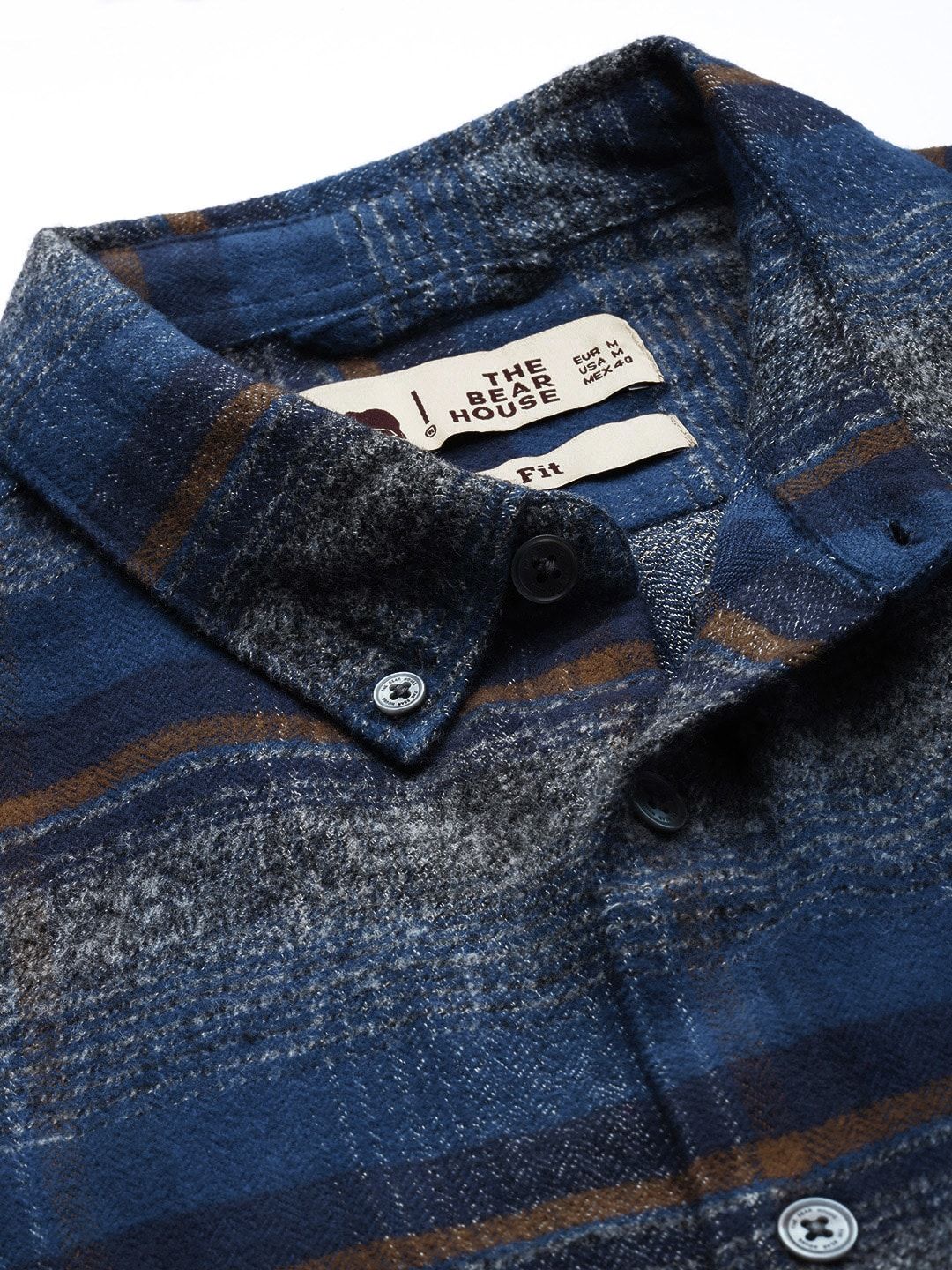 THE BEAR HOUSE Men Navy Blue Slim Fit Tartan Checked Flannel Pure Cotton Casual Shirt