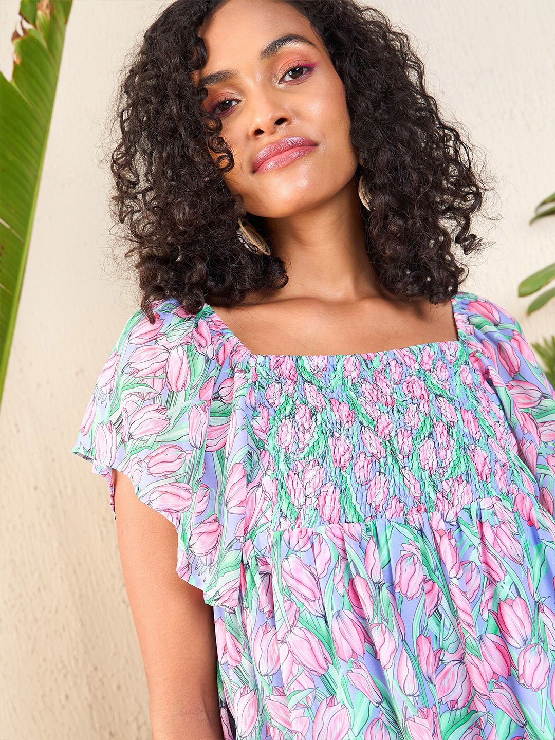 SASSAFRAS Floral Printed Flutter Sleeve Smocked Georgette A-Line Dress