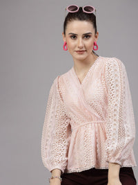 Style Quotient Self Design V-Neck Puff Sleeve Lace Up Cotton Wrap Top