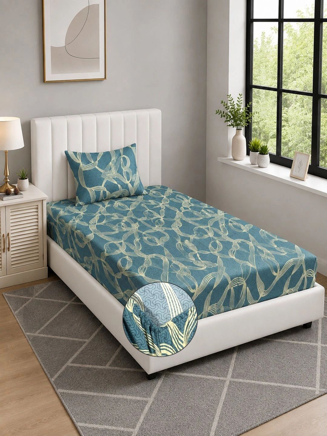 Moda Rapido X KLOTTHE Turquoise Blue 300 TC Single Bedsheet with 1 Pillow Covers