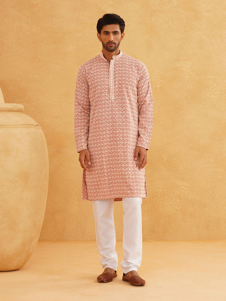 SOJANYA Floral Embroidered Mandarin Collar Long Sleeves Thread Work Pure Cotton Kurta Set
