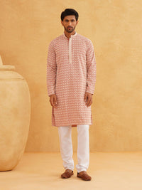 SOJANYA Floral Embroidered Mandarin Collar Long Sleeves Thread Work Pure Cotton Kurta Set