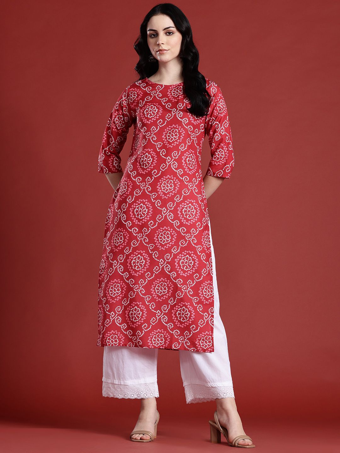 Anouk Bandhani Printed Boat Neck Straight Kurta