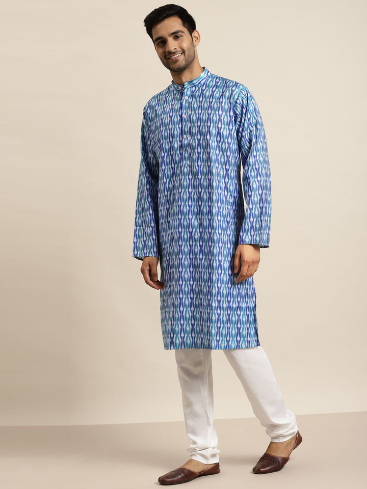 SOJANYA Kurta Bercetak Motif Etnik Biru & Putih Lelaki