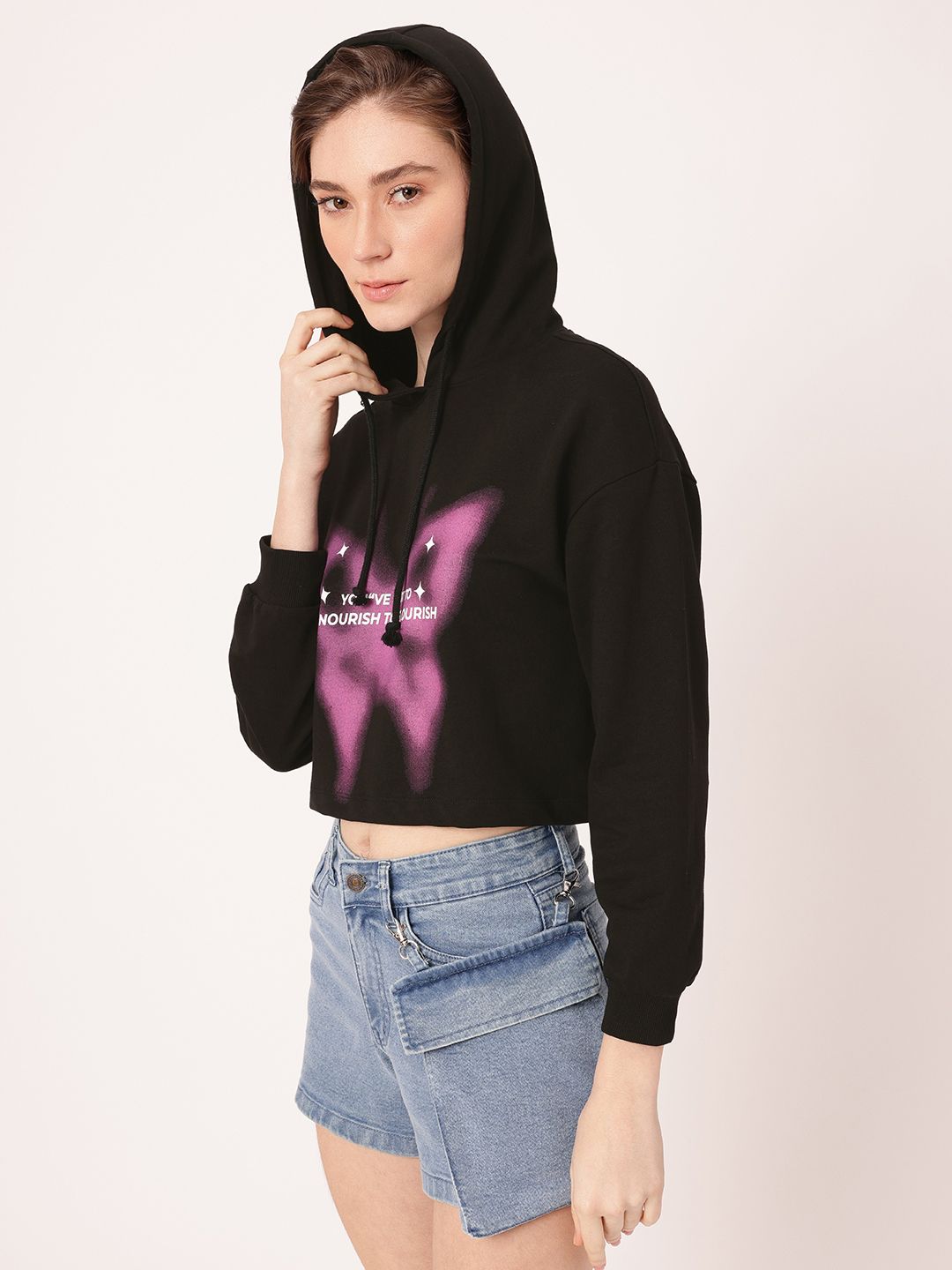DressBerry Printed Hooded Cotton Terry Relaxed Fit Crop Sweatshirt