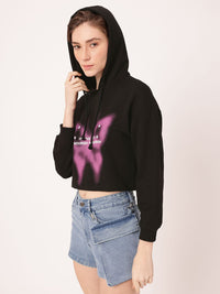 DressBerry Printed Hooded Cotton Terry Relaxed Fit Crop Sweatshirt