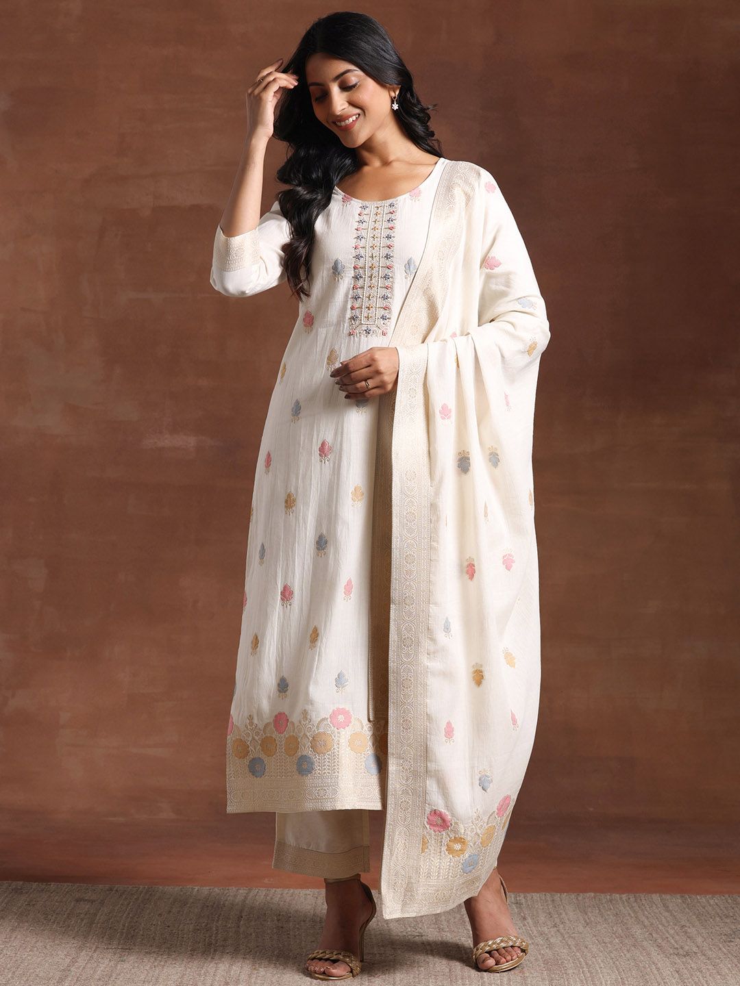 Libas Floral Woven Design Regular Linen Kurta with Palazzos & With Dupatta