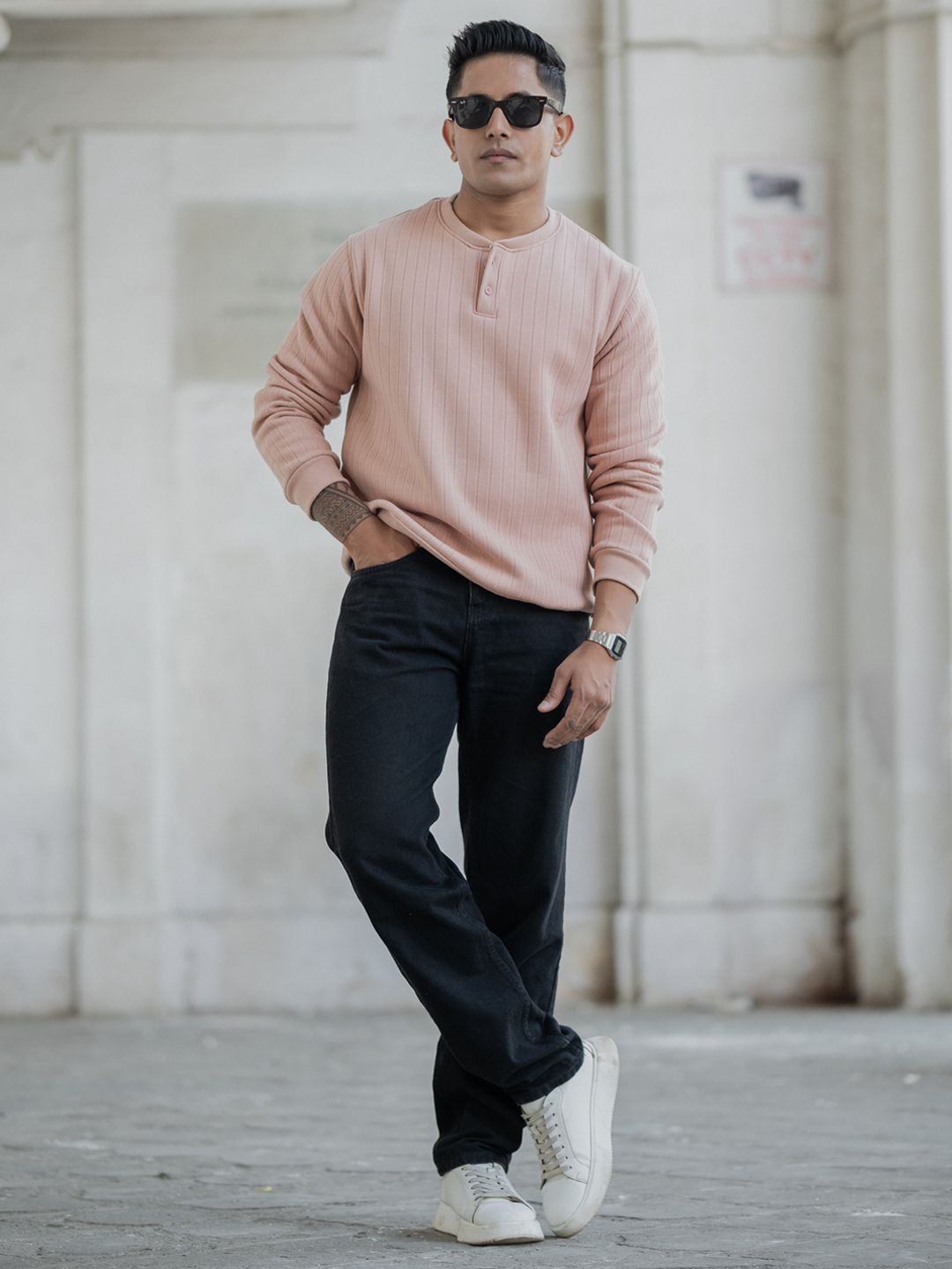 Powerlook Men Self Design Henley Neck Sweatshirt