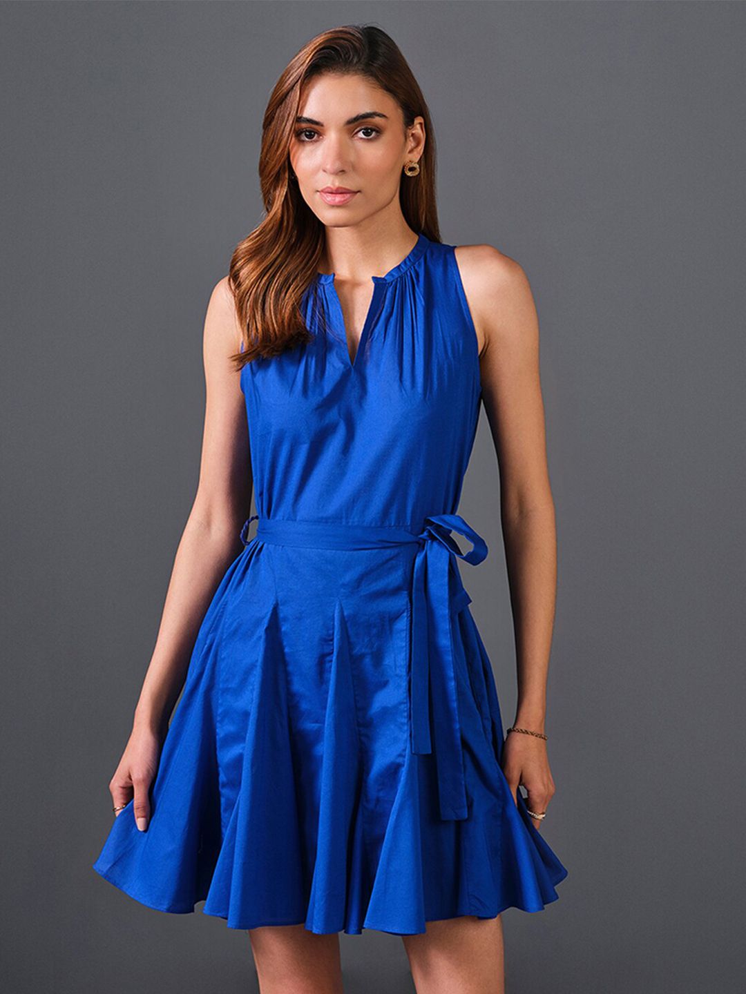 AND Notched Neck Cotton Fit & Flare Dress