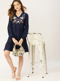 DressBerry Navy Blue Embroidered Tiered A-Line Dress
