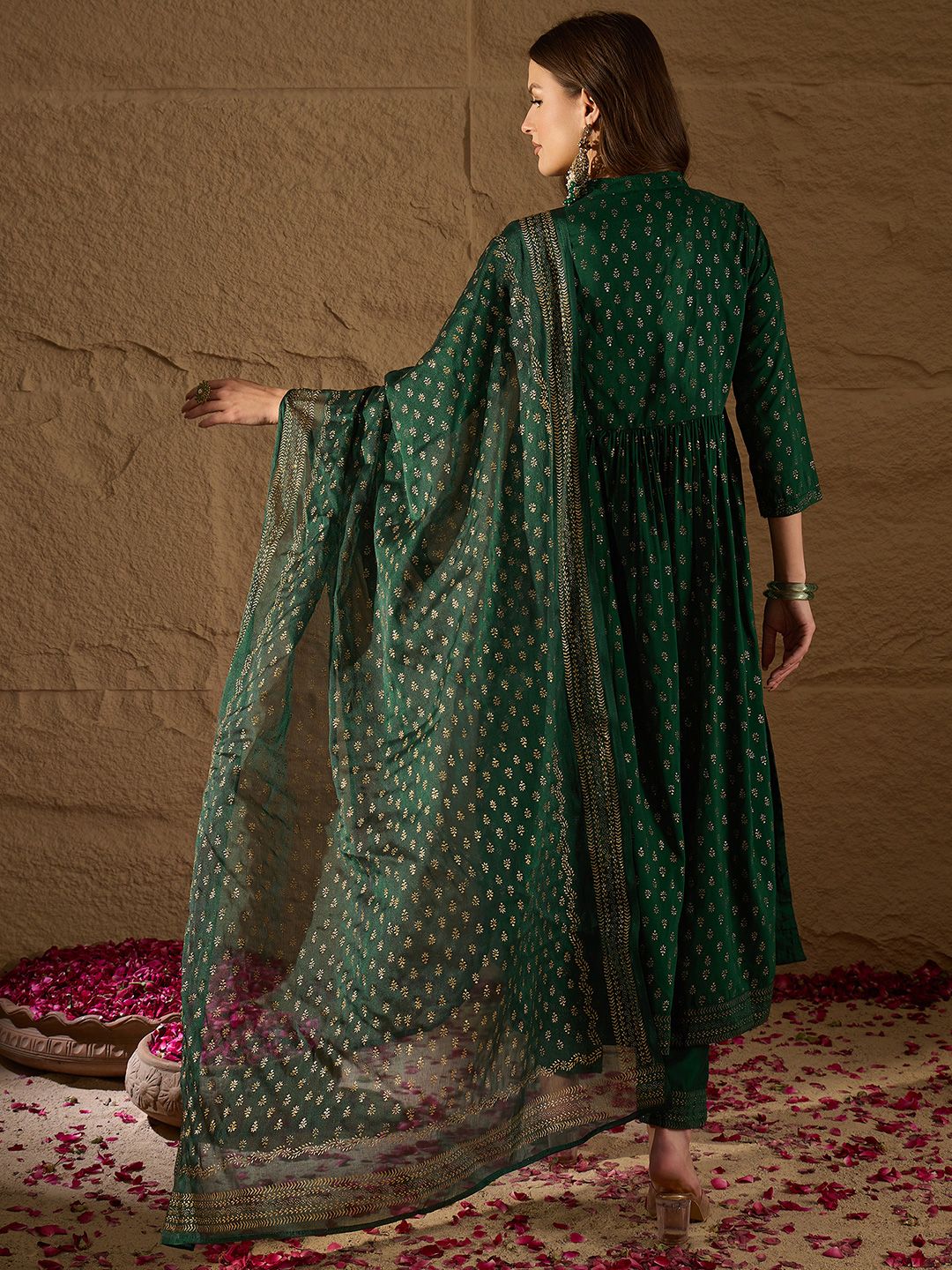 KALINI Floral Embroidered Empire Thread Work Kurta with Trousers & With Dupatta