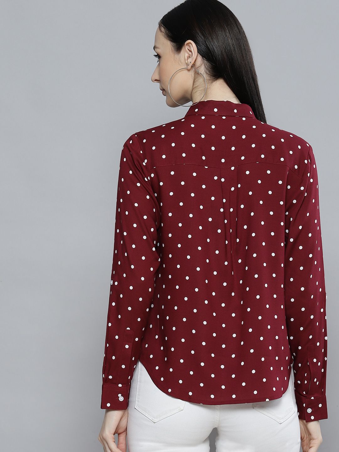 DENNISON Women Maroon & White Smart Polka Dot Printed Casual Shirt