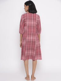 W Women Pink Checked Cotton A-Line Dress