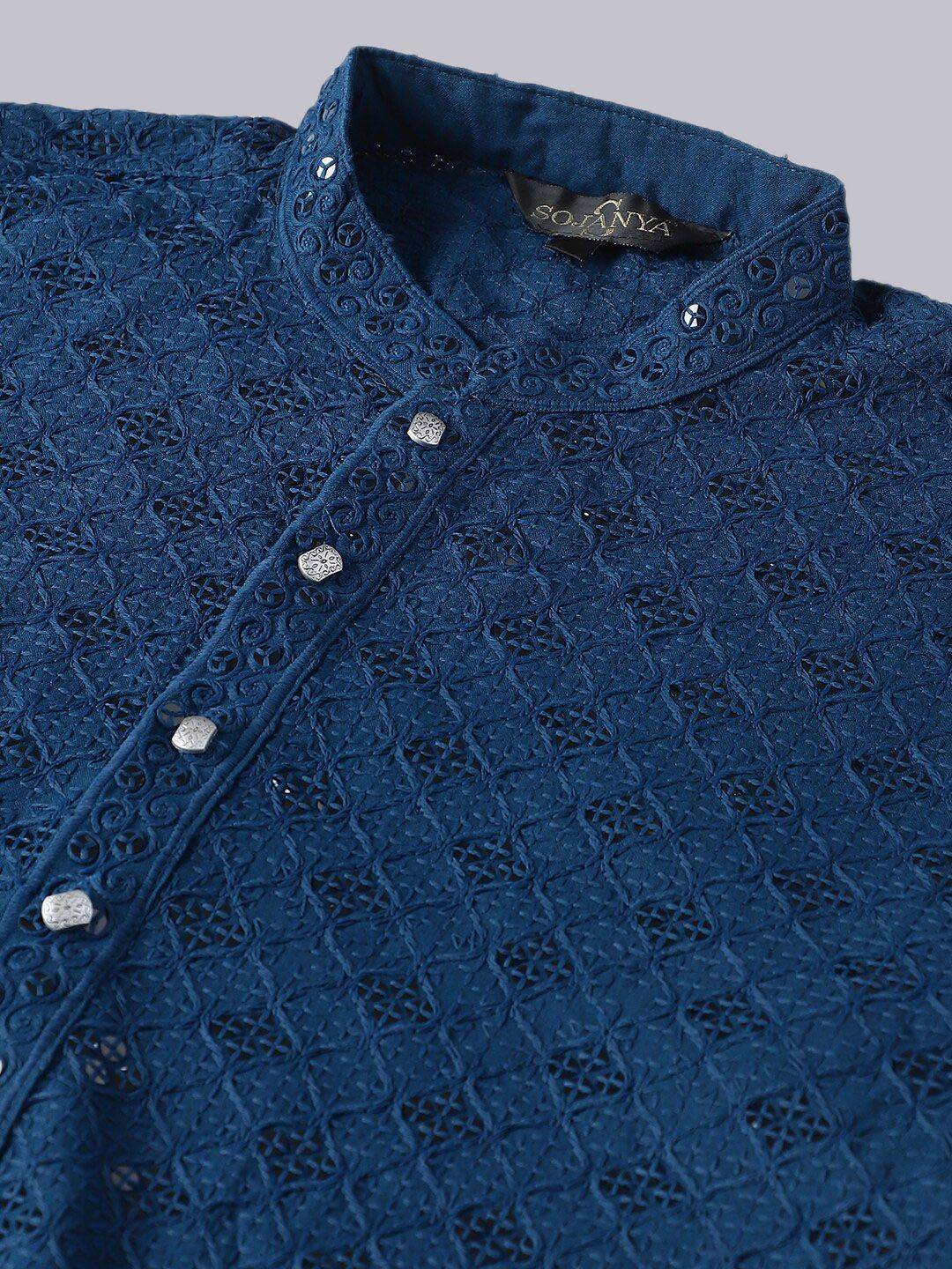 SOJANYA Geometric Embroidered Sequence Mandarin Collar Pure Cotton Kurta