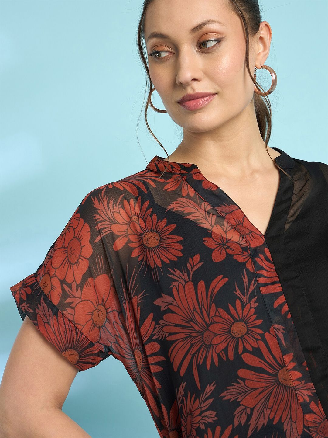 Antheaa Floral Print Mandarin Collar Chiffon Shirt Style Top